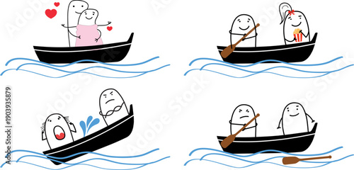 Minimalist doodle couples in boats: romantic, sinking, having fun and eating popcorn