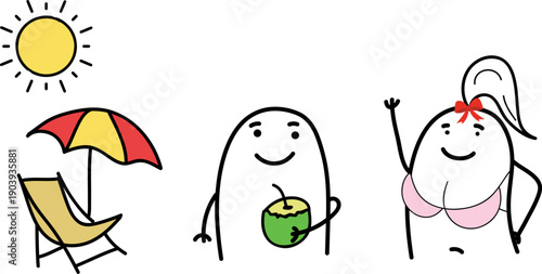 Minimalist doodle beach vacation with chair, umbrella, coconut and bikini