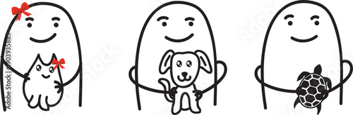 Minimalist doodle people with pets: cat, dog and turtle