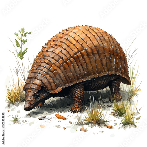 Armadillo, watercolor illustration featuring playful movement and lively expressions, isolated on a white background.