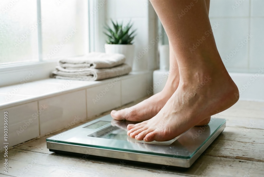 Fototapeta premium A person standing on a bathroom scale to check their weight, concept of diet and health.