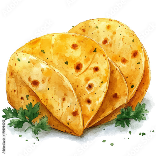 Arepas, watercolor vector portraying a joyful pose with colorful highlights, isolated on a white background.