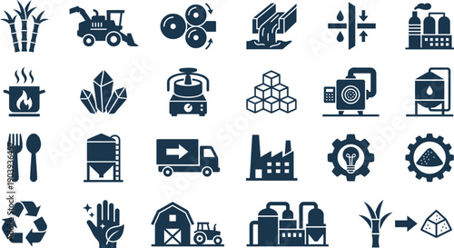 Collection of industrial and agricultural icons representing various sectors and activities in a modern industry setting from a straightforward viewpoint.