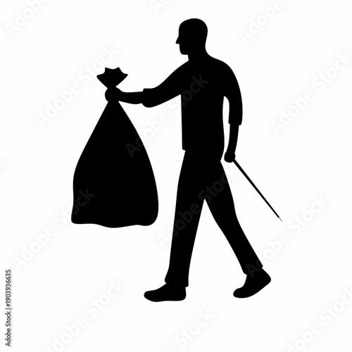 Cartoon silhouette of a male janitor carrying a large trash bag in his hand, walking isolated on a white background. A janitor who provides ecological services to the city's environment for cleaning.