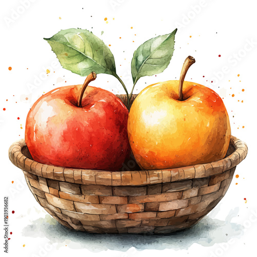 Apple Basket, watercolor painting capturing graceful lines and soft blended shades, isolated on a white background.