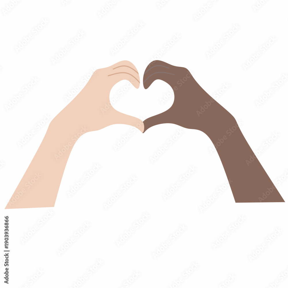 Obraz premium A minimalist vector image of multiracial hands in a heart shape. The concept of equality and diversity. Vector illustration.