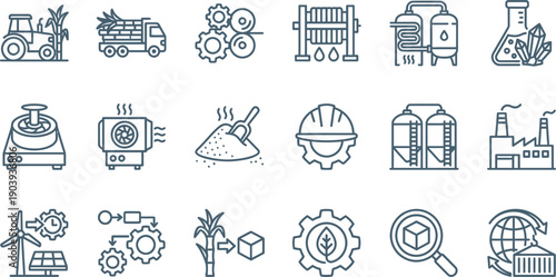 Industrial icons set depicting machinery, factories, and equipment in a minimalist style, showcasing various industrial themes and concepts.