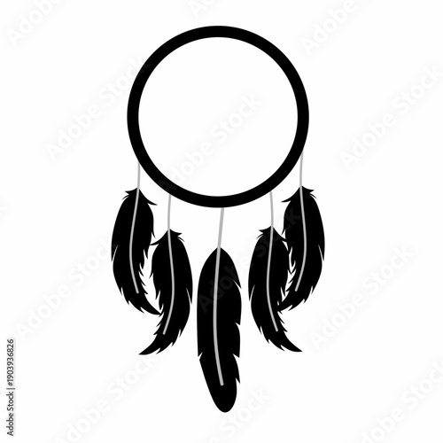 Black Dreamcatcher Silhouette with Flowing Feathers, dream catcher vector, dream catcher. Dream catcher icon simple vector. Native Indian.