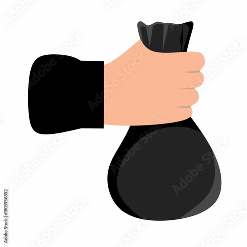 Holding a black plastic trash bag in hand. Flat design vector illustration. Isolated on a white background. Recycling trash bag illustration.