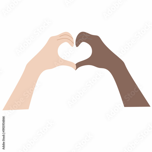 A minimalist vector image of multiracial hands in a heart shape. The concept of equality and diversity. Vector illustration.