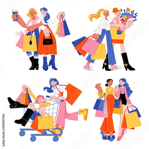 Set of Women with Purchases in Paper Shopping Bags