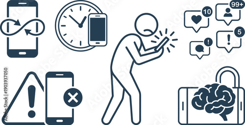 A person experiencing stress with their phone surrounded by warning signs and notifications icons