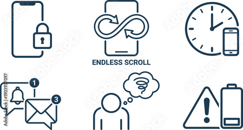 Modern mobile device icons illustrating security, endless scrolling, and notification features.