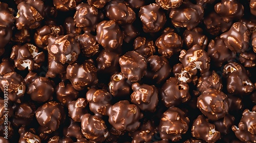 Chocolate popcorn covered in dark chocolate is piled together, perfect for sharing at a gathering or enjoying during a film