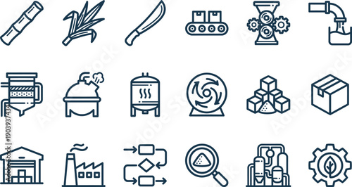 Industrial icons set depicting various machinery and tools in a modern manufacturing environment from a straightforward viewpoint