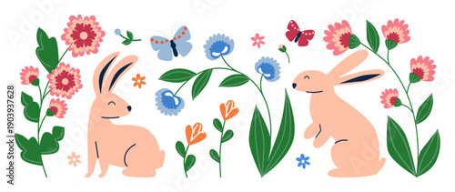 Cartoon Easter Scene with Bunnies and Flowers.