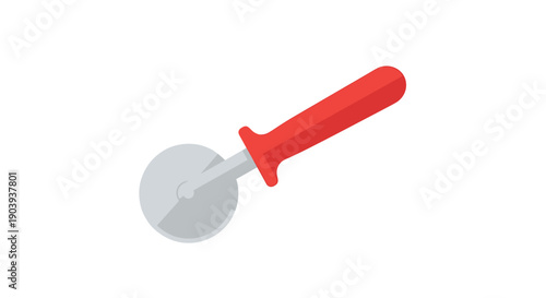 A red-handled pizza cutter with a silver wheel, angled against a white background, symbolizing food preparation and cutting.