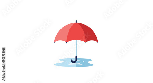 A red umbrella protecting from rain, reflected in puddles on the ground, symbolizing protection, shelter, and weather, on white.