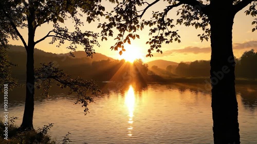 Sunrise over natural landscape for Earth Day. Medium shot of a clean natural landscape at sunrise on Earth Day, with trees silhouetted against morning light, water glistening, and