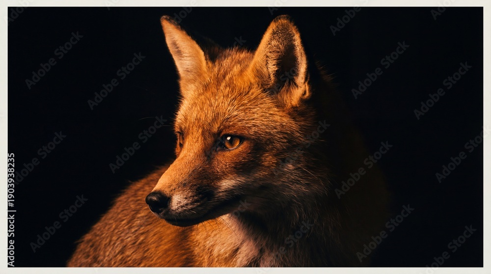 Fototapeta premium Close-up portrait of a red fox with striking amber eyes against a dark background