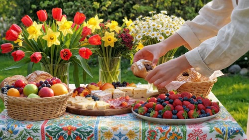 May 1 outdoor table with flowers and fresh food. Realistic outdoor May 1 festive table adorned with fresh flowers, colorful foods, and bright decorations, celebrating spring and
