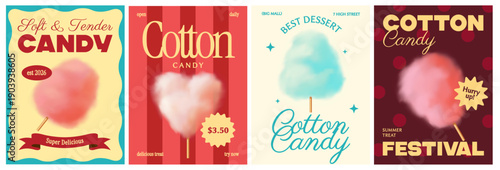 Cotton candy posters. Bright retro flyers with sweet sugar confectionery, fluffy floss and text. Festival or party food. Carnival dessert. Cartoon vector illustration collection isolated on background