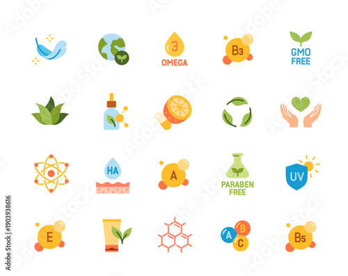 Set of organic cosmetics icons. Colorful signs with vitamin molecules, plant extracts and beauty products for facial skin care. Design for packaging. Flat vector illustration isolated on background