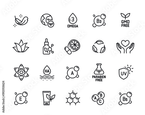 Set of organic cosmetics line icons. Simple symbols with vitamin molecules, plant extracts, and beauty products for facial skin care. Outline vector illustration collection isolated on background