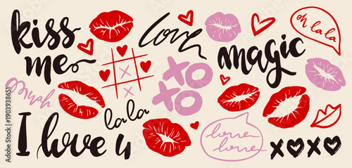 Set of romantic grunge letterings. Cute doodle stickers with red lipstick kisses, hearts, and love quotes for Valentine Day. Hand drawn vector illustration collection isolated on background