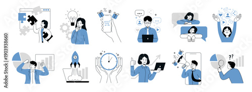 Digital Marketing Illustration Set. Male and female entrepreneurs involved in e commerce, online advertising and promotion and new product launches. Outline vector collection isolated on background