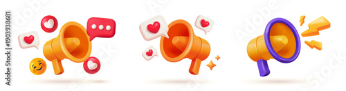 Set of 3D megaphone icons. Symbols in plasticine style with loudspeakers, hearts, emojis, and lightning bolts. Promotional announcements, advertising, and marketing. Vector illustration collection