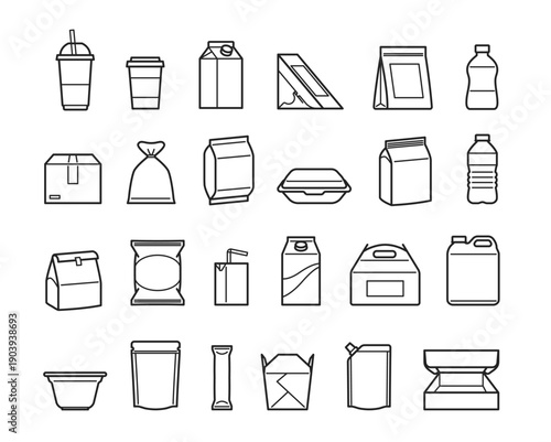Food package line icons set. Simple symbols with plastic bottles, containers, paper cups, pizza boxes and sachets. Editable stroke. Outline vector illustration collection isolated on background