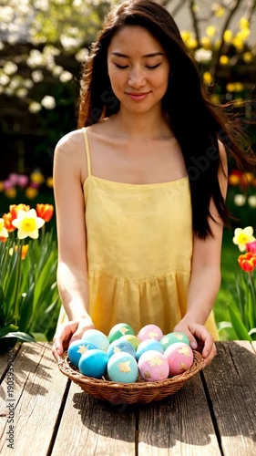 Woman standing by wooden table with Easter eggs. A woman stands calmly outdoors beside a wooden table during Easter, with decorated Easter eggs neatly arranged in front of her.