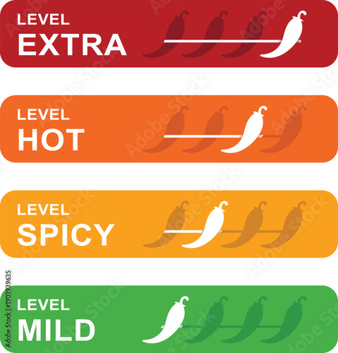 Red Chili Peppers Fire Icon. Chili pepper mildness, spicyness, heat level, extra level Label. Hot Spicy green, yellow, orange icon. Spicy Logo. Extra chili badge. Vector illustration.