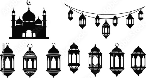 Ramadan mubarak islamic lanterns and mosque silhouette art