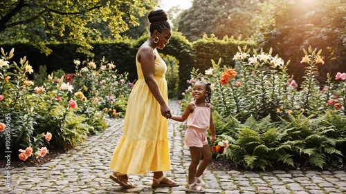 Side view walk on Mothers Day. A calm side-angle view of a mother and child strolling slowly together hand in hand, symbolizing closeness on Mothers Day.