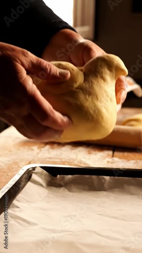 Italian Easter bread baking at home. Easter home kitchen scene in Italy with sweet Easter bread being baked, showing hands shaping dough and a warm, traditional atmosphere.