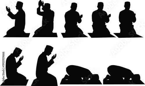 Muslim Men Performing Islamic Prayer (Salat) Silhouettes