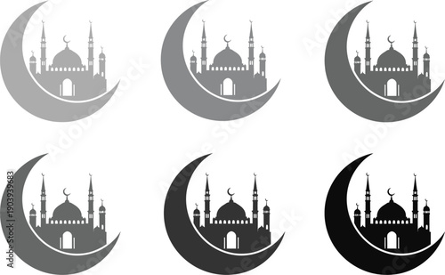 Ramadan mubarak greetings with mosque silhouette and crescent moon