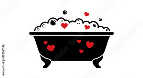 A charming black bathtub filled with luxurious bubble bath and floating red hearts a romantic flat vector illustration for self-care spa and love concepts