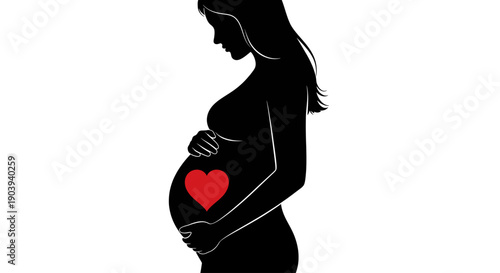 Silhouette of a pregnant woman with a red heart on her belly symbolizing love and new life isolated on a white background