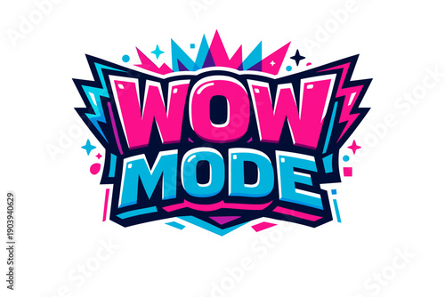 Colorful wow mode text art with dynamic shapes and stars