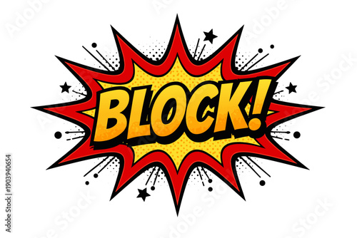 Comic style block text pop art explosion with dynamic starburst effect