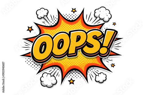 Bright comic style oops! text with stars and clouds on polka dot background