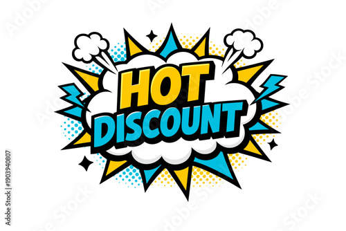 Comic style hot discount banner with explosive elements in blue and yellow