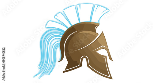 A stylized ancient Spartan helmet with blue flowing plumes represents power, war, history, and ancient Greece.