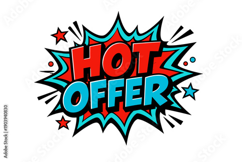 Colorful comic style hot offer design with red and blue typography