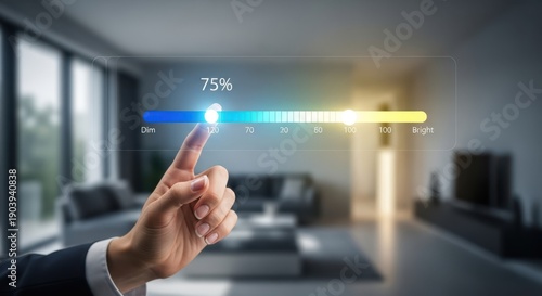 Professional hand adjusting a virtual light dimmer with brightness levels displayed in a gradient bar