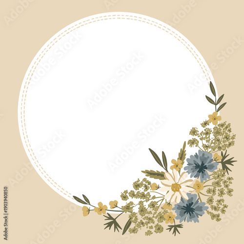 Romantic meadow wildflowers vector round frame with rustic charm. Hand drawn chamomile, bachelor buttons, foliage, Queen Anne's lace flowers for cottagecore floral design, farmstead invitations