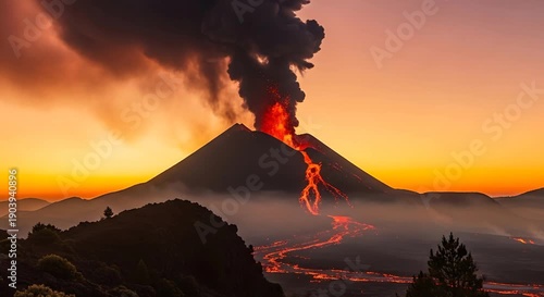 Active Volcano Eruption with Lava and Smoke at Sunset